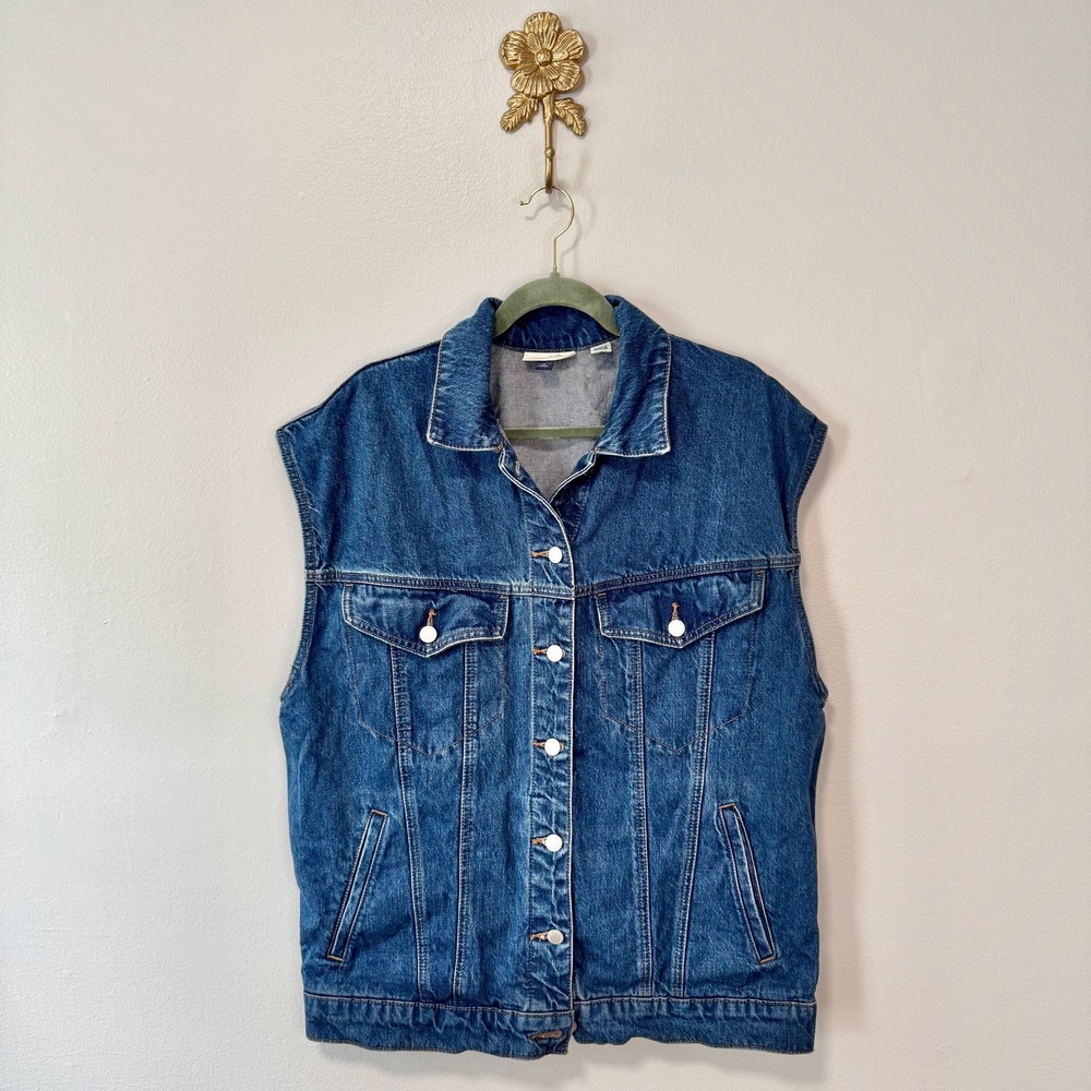 Utility Denim Trucker Vest Medium Wash Oversized M Casual Layering Streetwear